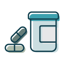 This icon is of pills and a pill bottle. It represents medication test